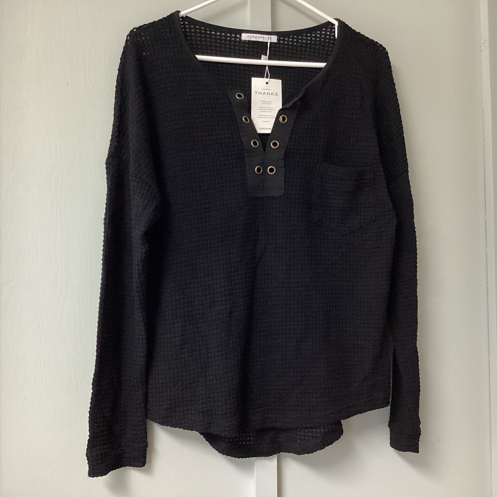 ADREAMLY Black Semi-Sheer Blouse Women’s Size Medium Waffles Studs Hole Knit New