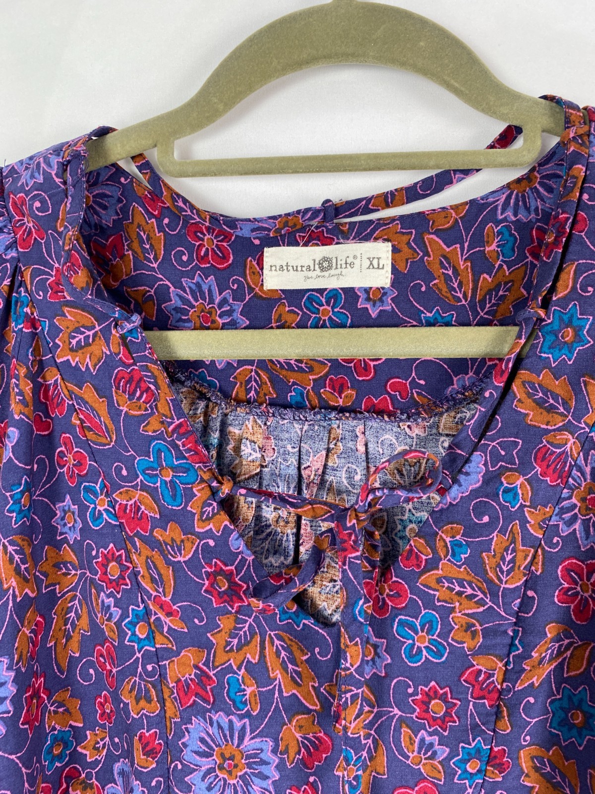 Natural Life Floral Multicolor V Neck with Ties Bell Sleeves Top Sz XL Peasant