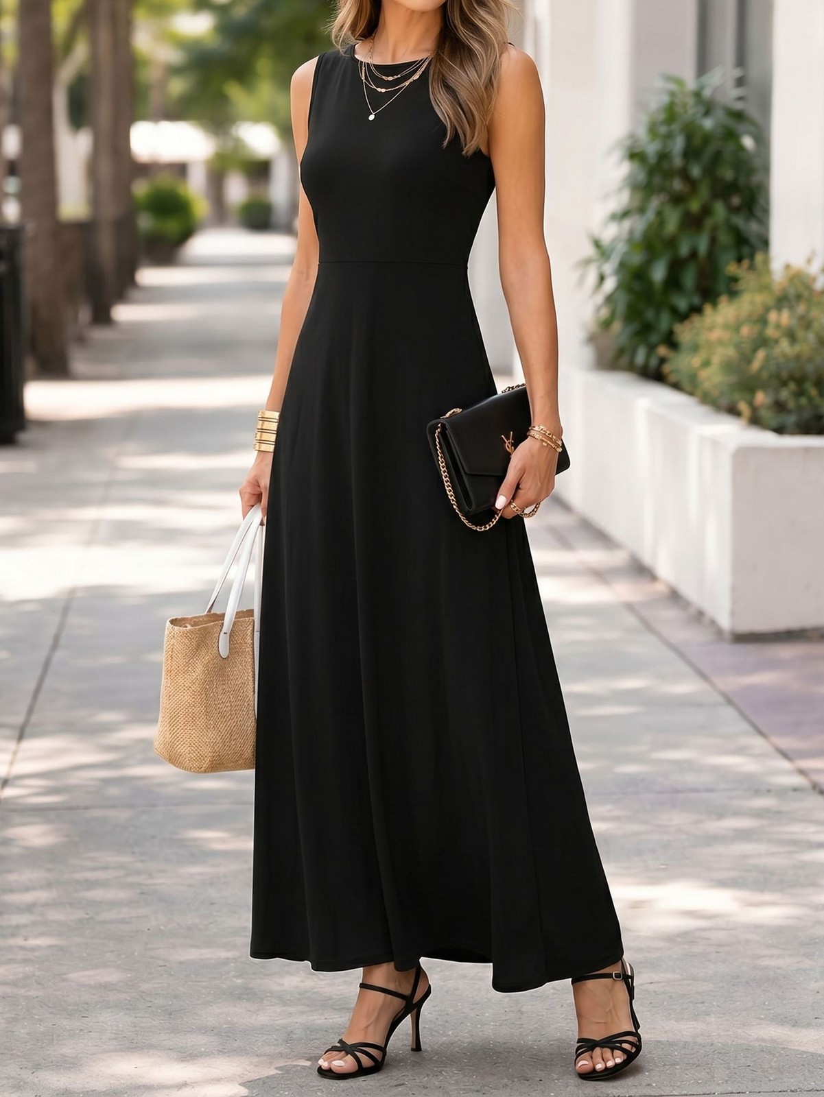 Elegant Resort-style Solid-color Sleeveless Dress