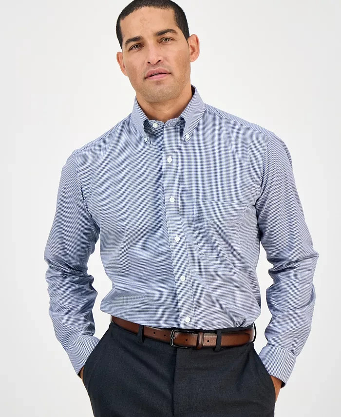 NEW NIP Club Room Regular-Fit Check Dress Shirt Mens 17.5 34/35 Navy Long Sleeve