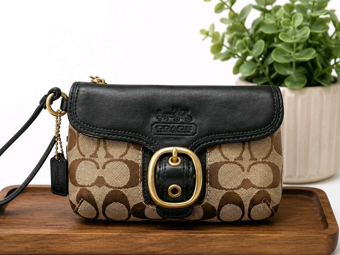Vtg Coach Bleecker Legacy Signature Jacquard & Leather Tattersall Wristlet NWOT