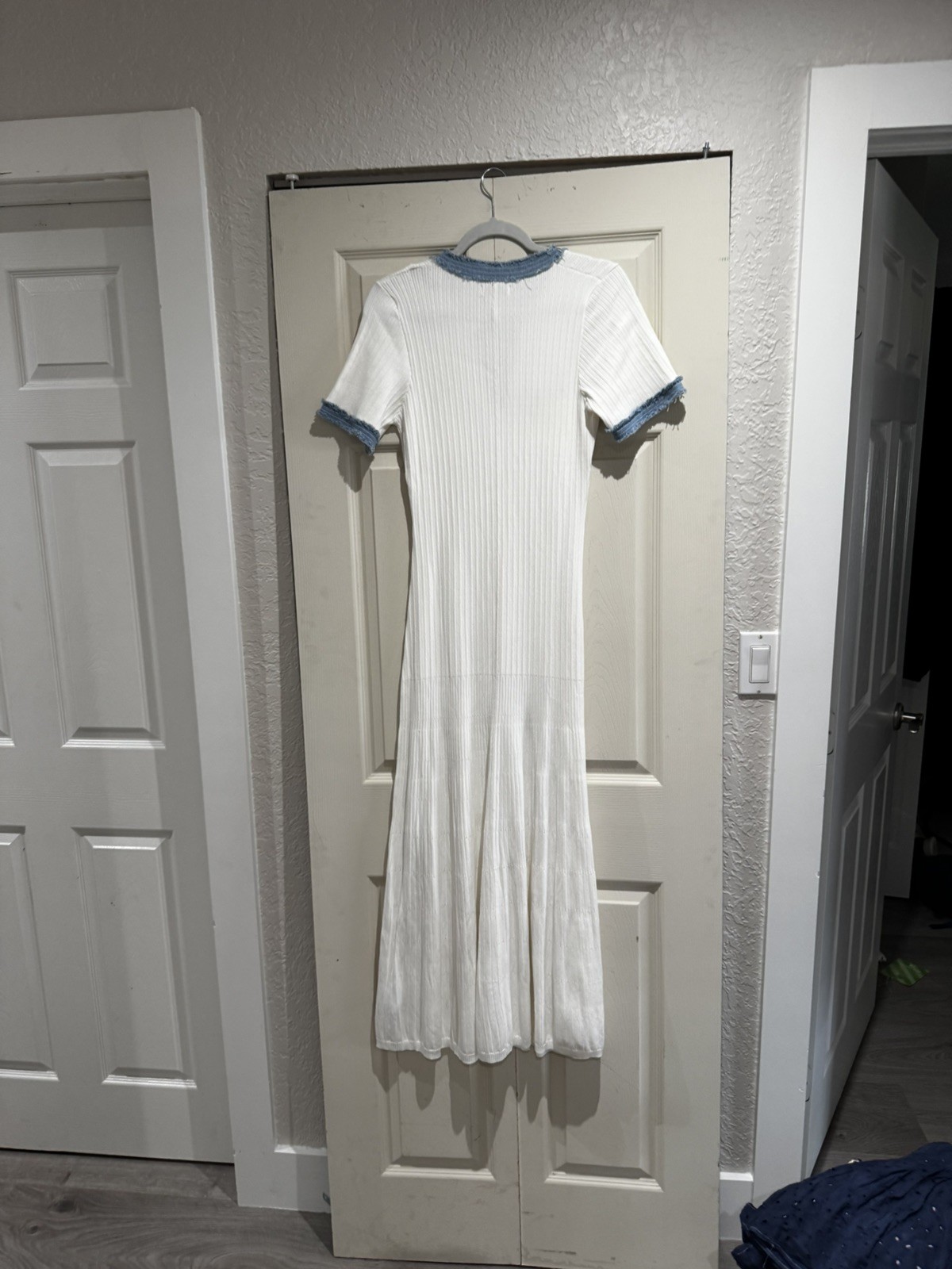 Sandro Ribbed Knit Dress with denim detailing.