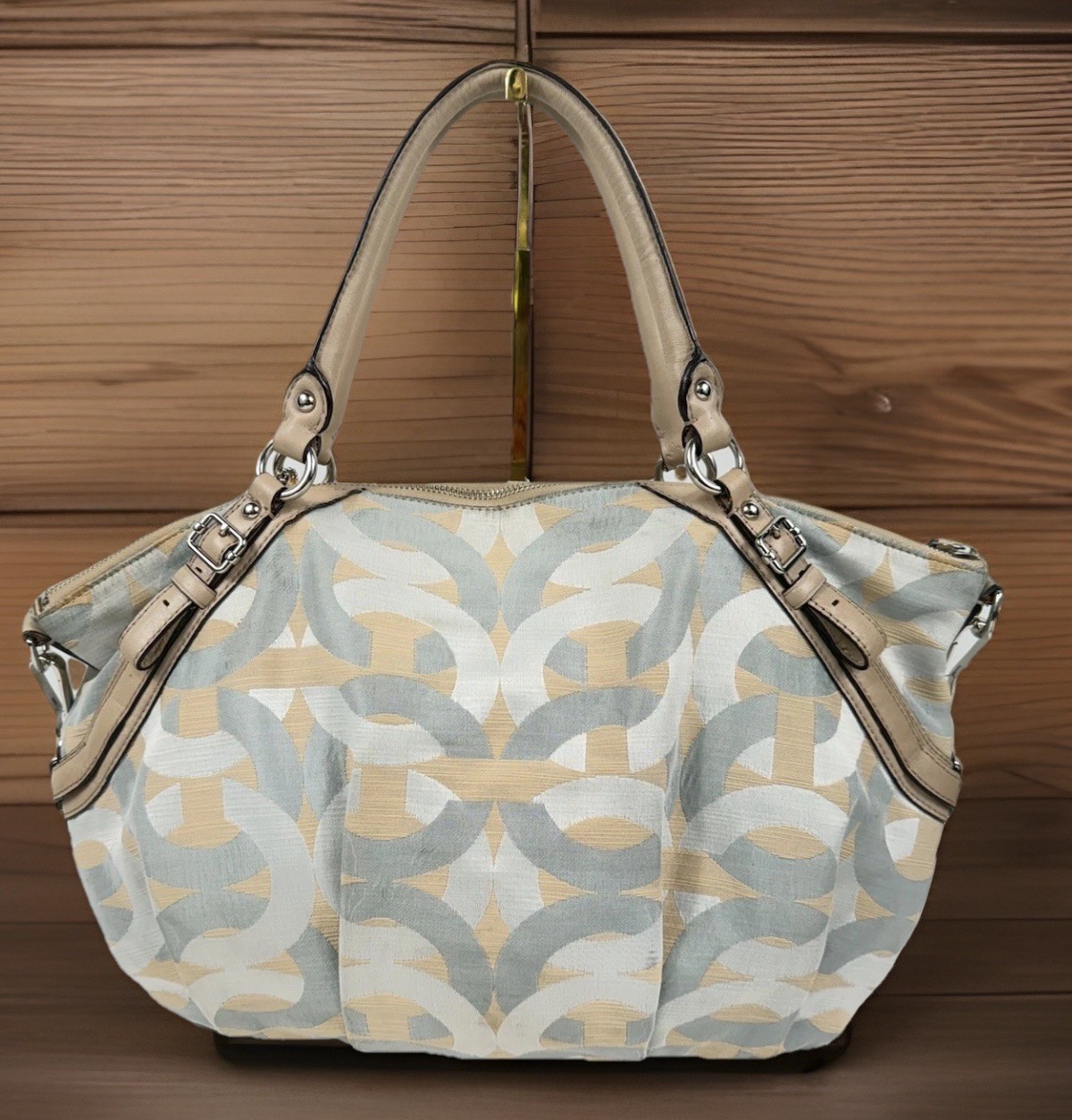 COACH Madison Shantung Chainlink Sophia Satchel Silver Bay Mist Leather/ Fabric