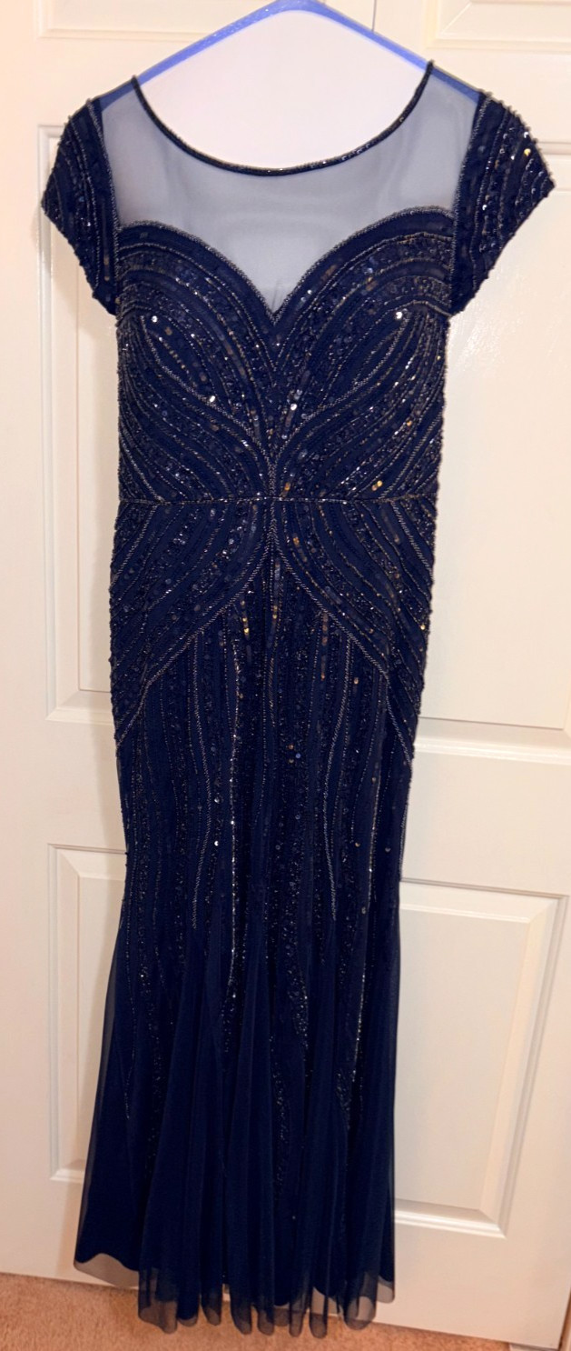 Adrianna Papell Beaded Navy Gown Sz 14 Mother of Bride Elegant Wedding Dress