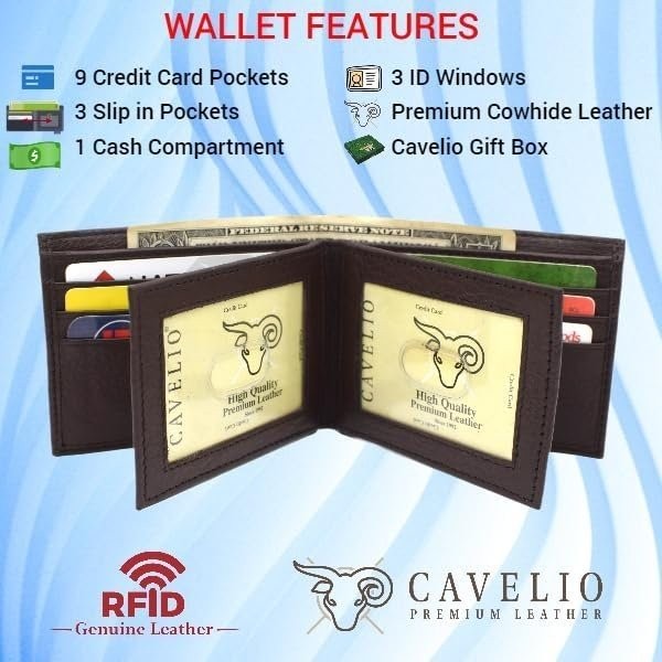 Mens Wallet RFID Genuine Leather Bifold Wallets For Men, 3 ID Windows 12 Card…