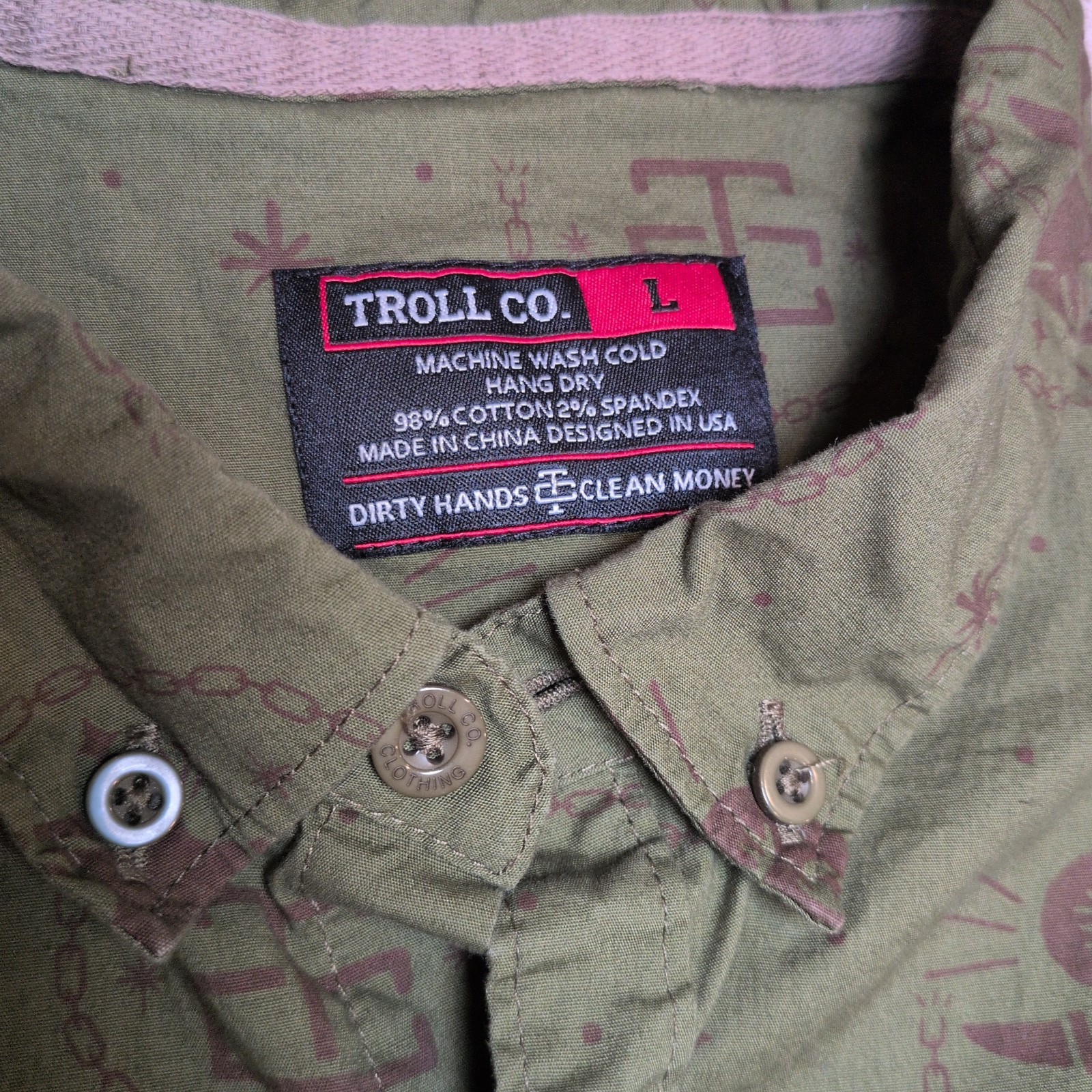 Troll Co Men Short Sleeve Button Down Shirt Sz L Green Skulls Anvil Chain Cotton
