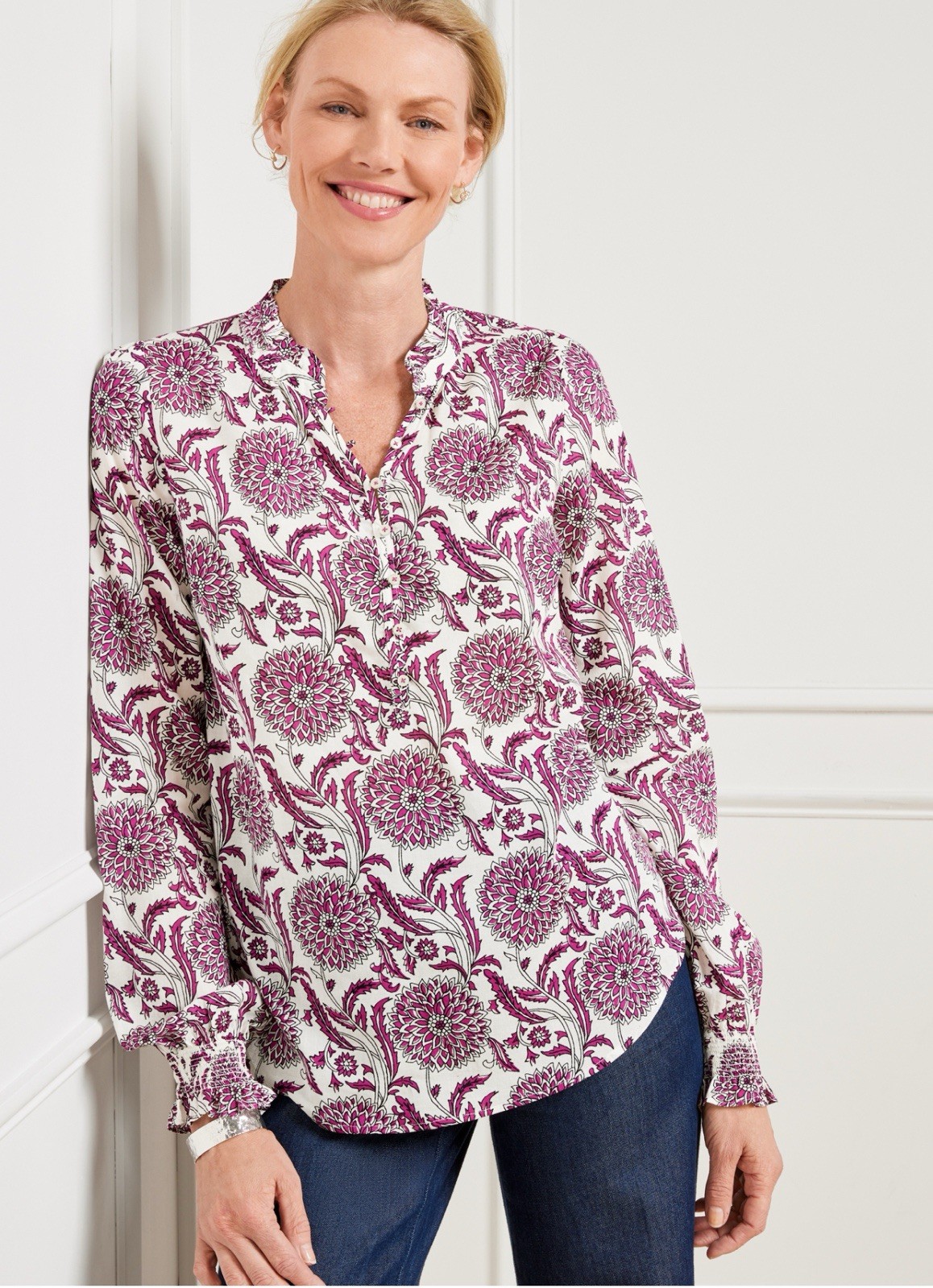 Talbots SzXL Chrysanthemum Trellis ruffle trim popover Purple/White Floral Shirt
