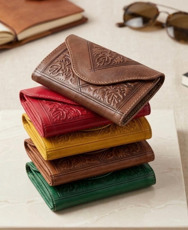 Handmade Moroccan Tooled Leather Clutch Wallet, Genuine Embossed Leather, Boho S