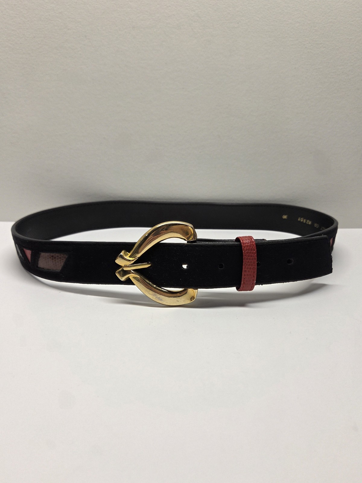 80s Leather Belt Size 30 Brass Buckle Geometric Inlays Red Loop Omega Belt Co