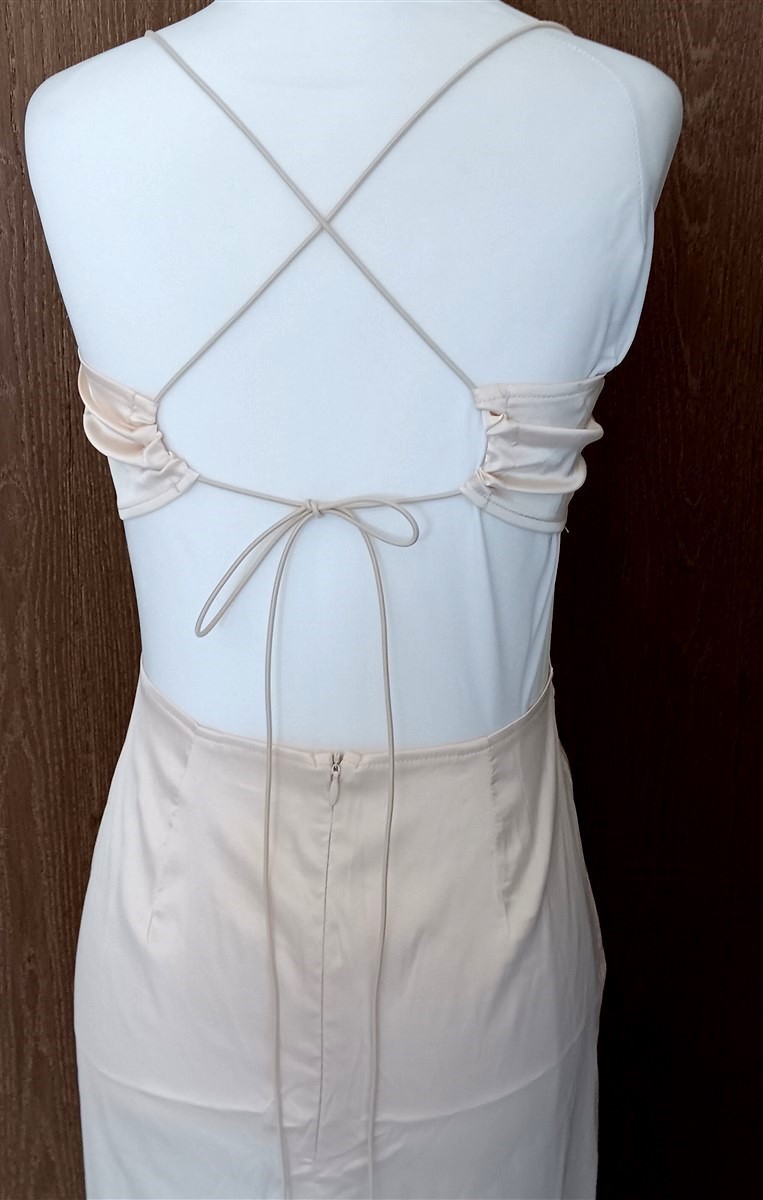 Lyaner Cocktail Dress M Satin Champagne Cutout Back Cowl Neck Strappy New