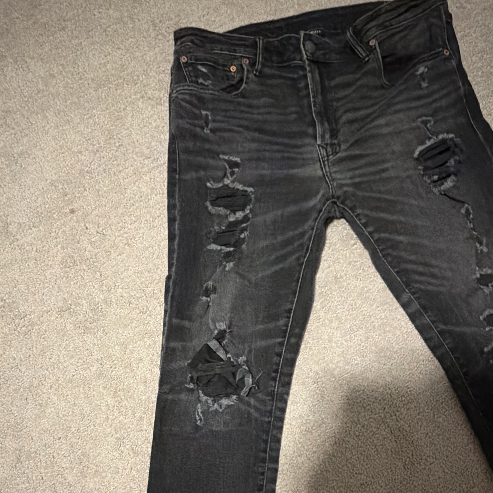 Mens American Eagle AirFlex+ Black Distressed Ripped Skinny Slim Jeans 31