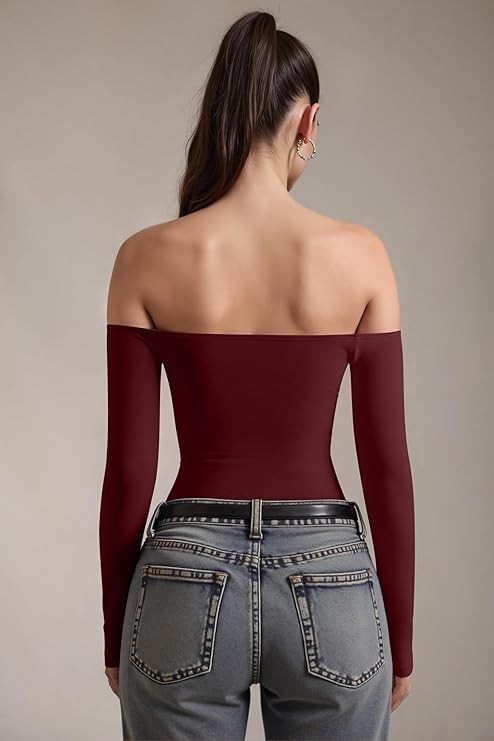 OQQ Bodysuit Womens Off-Shoulder Long Sleeve Seamless Shapewear Top Red M