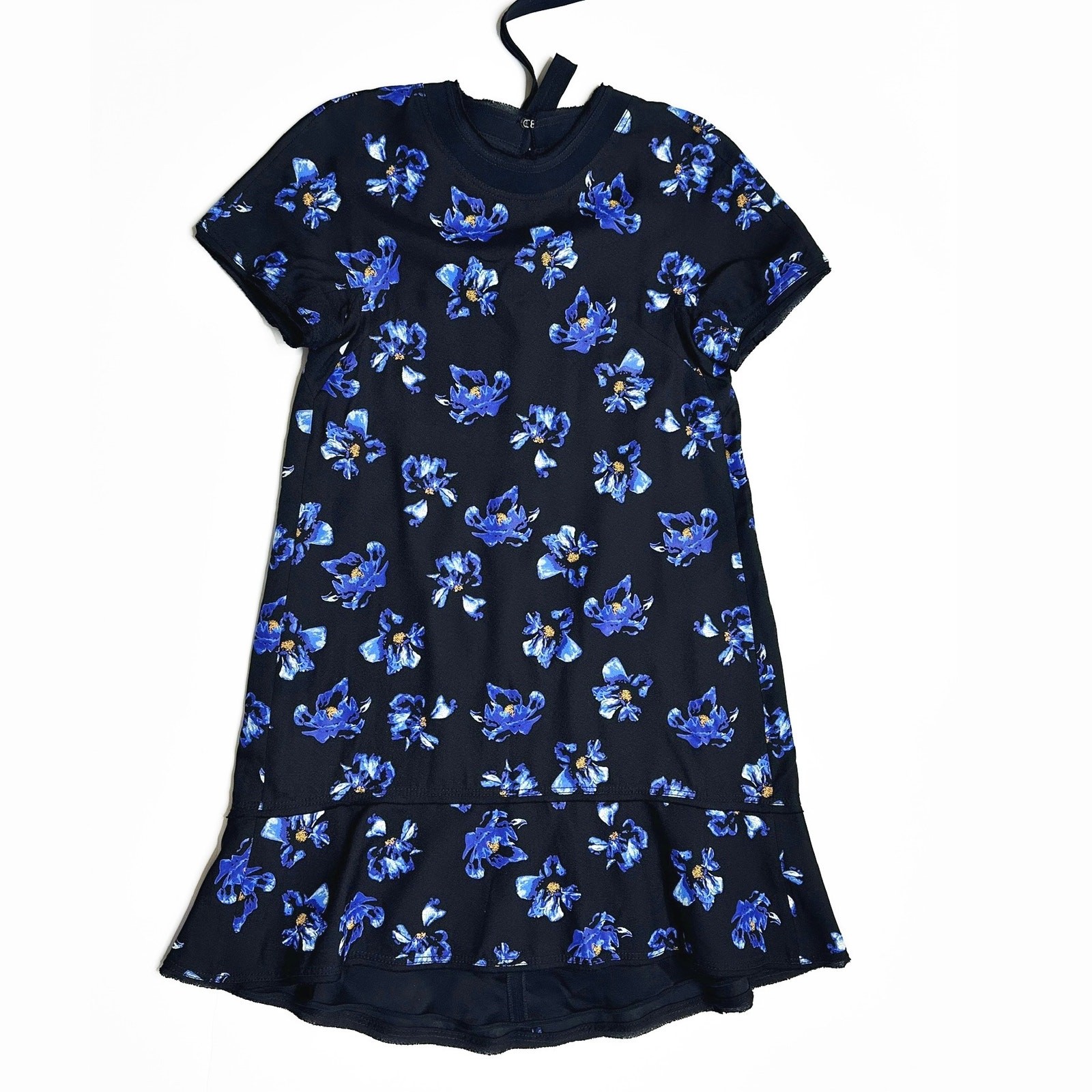 Proenza Schouler Floral Print Blue Black Tie Back Short Sleeve Mini Shift Dress
