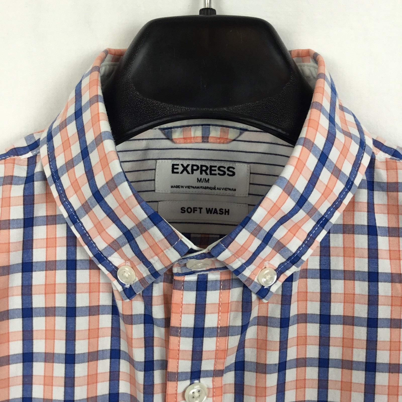 Express Mens Soft Wash Shirt M Blue Peach Tattersall Preppy Classic City Utility