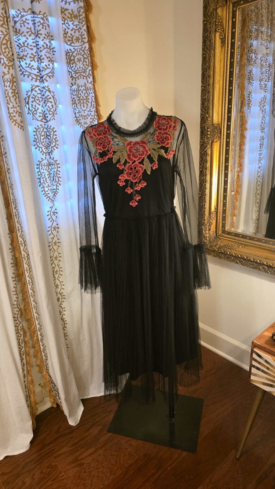Hesperus Black Mesh Floral Embroidered Sheer Long Sleeve Midi Dress Women Party