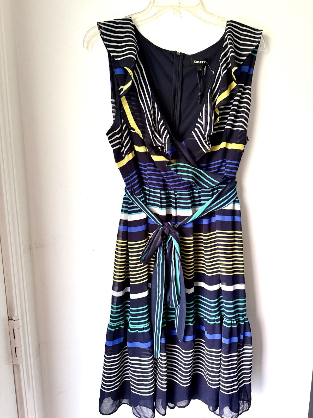 DKNY Navy Striped Belted Lined Sleeveless Above The Knee Fit&Flare Dress Size 16