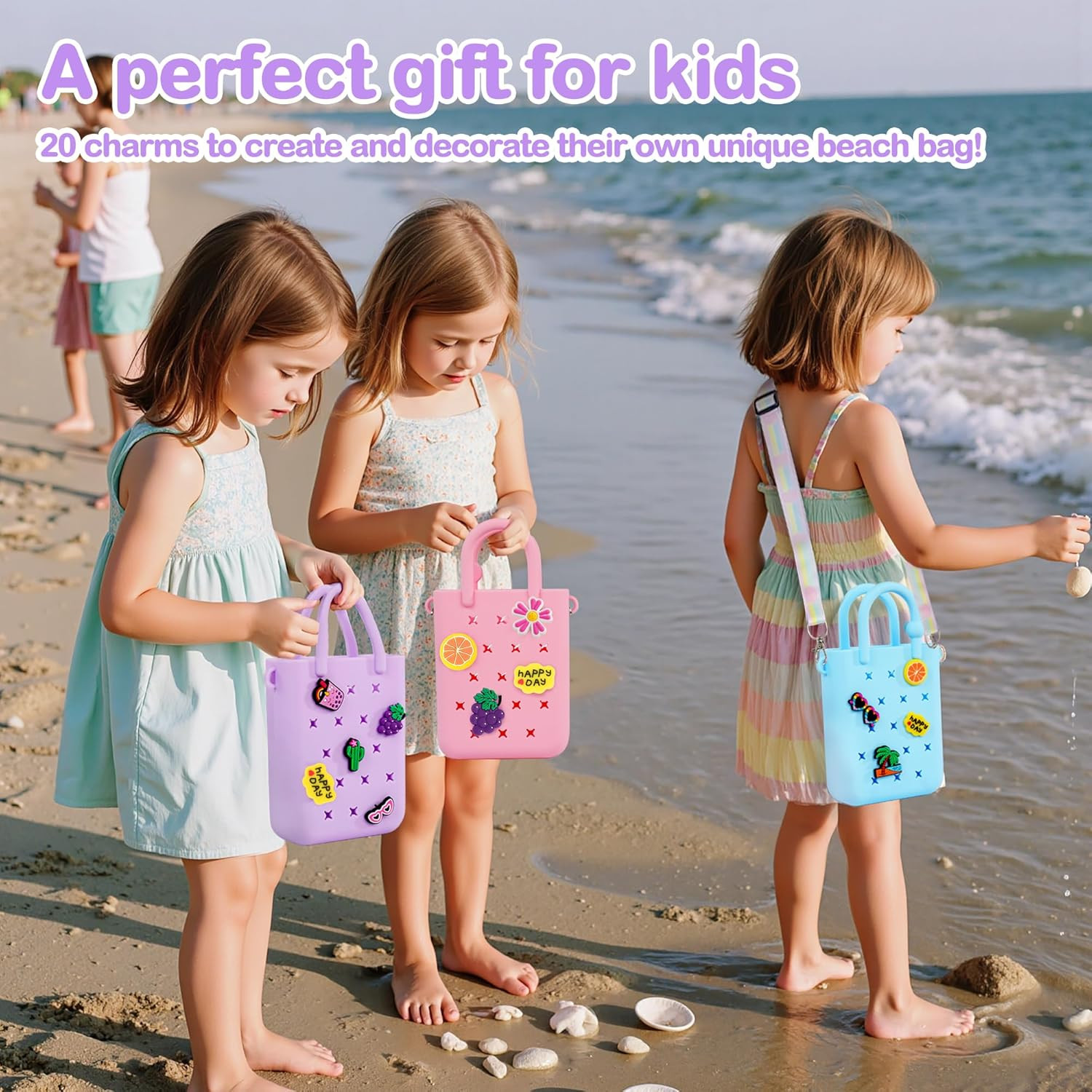 Small Silicone Beach Bag Rubber Tote w/20 Charms Adjustable Strap Girls Women