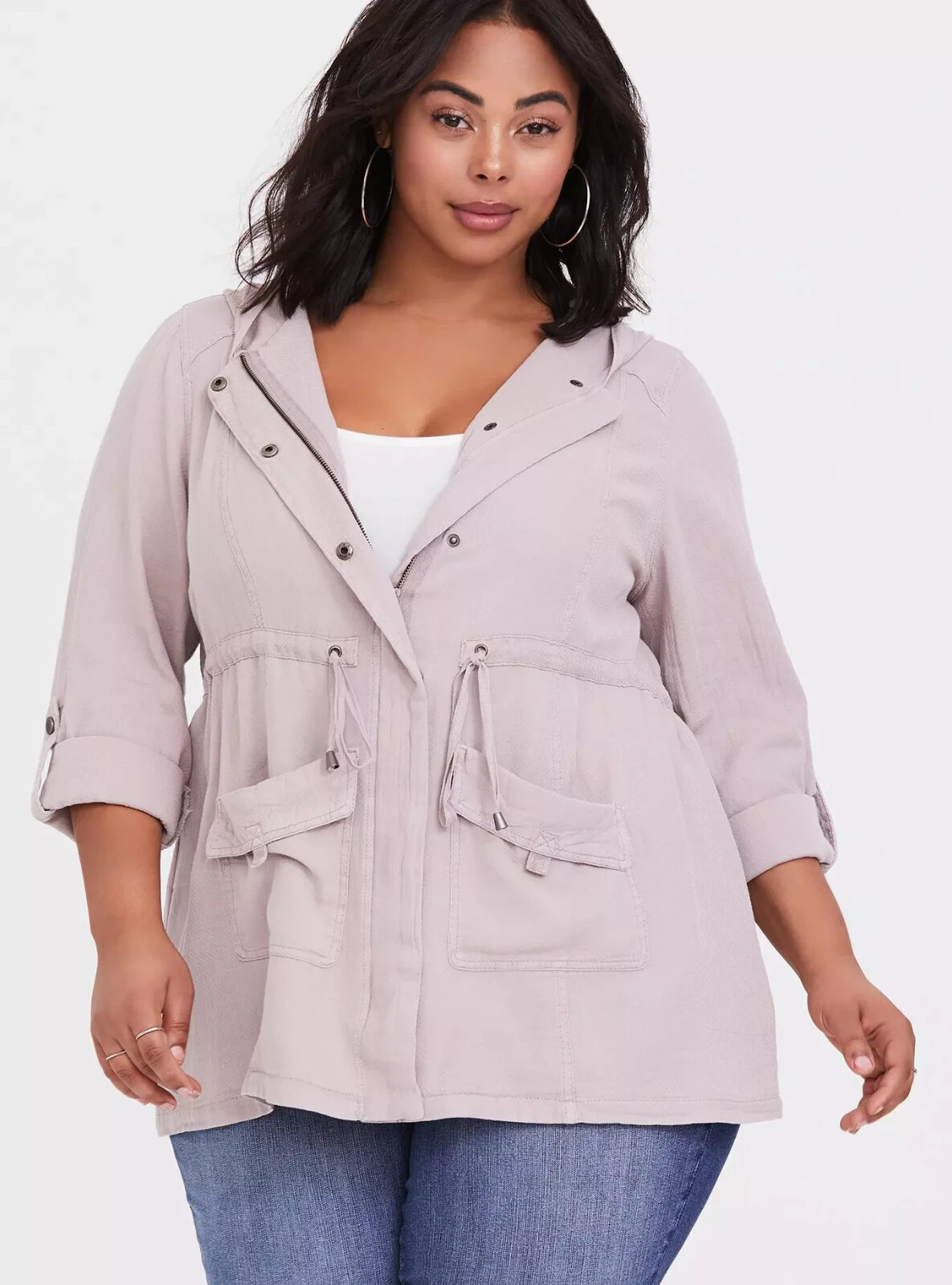 Torrid Jacket Womens 1X Pink Full Zip Snap Hooded Textured Twill Anarak Utility