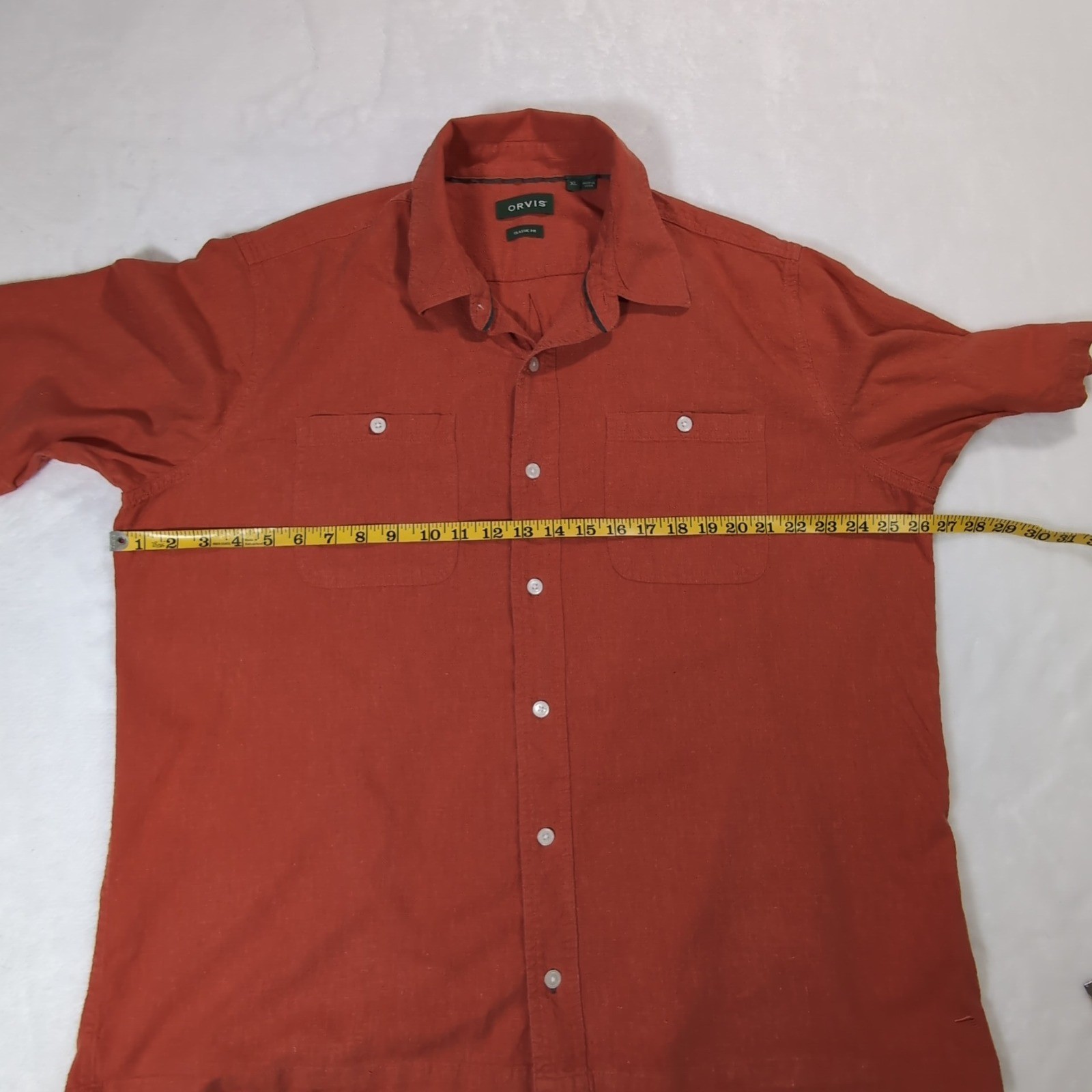 Orvis Button Down Shirt Mens XL Burnt Orange Hemp Blend Short Sleeve Classic Fit