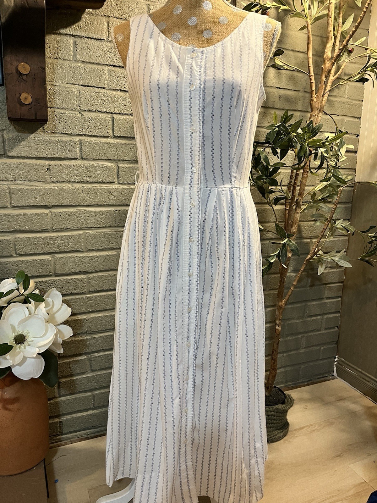 Vintage J.Crew 100% Cotton Blue & White Floral Stripe Button Front Midi Dress–10