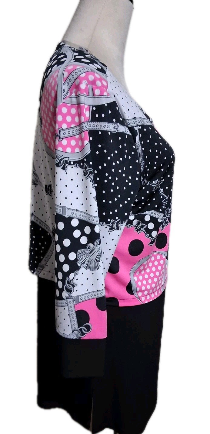 Nygard Layered Tunic Stretch Top Pink Black White Mixed Print 3/4 Sleeve Small