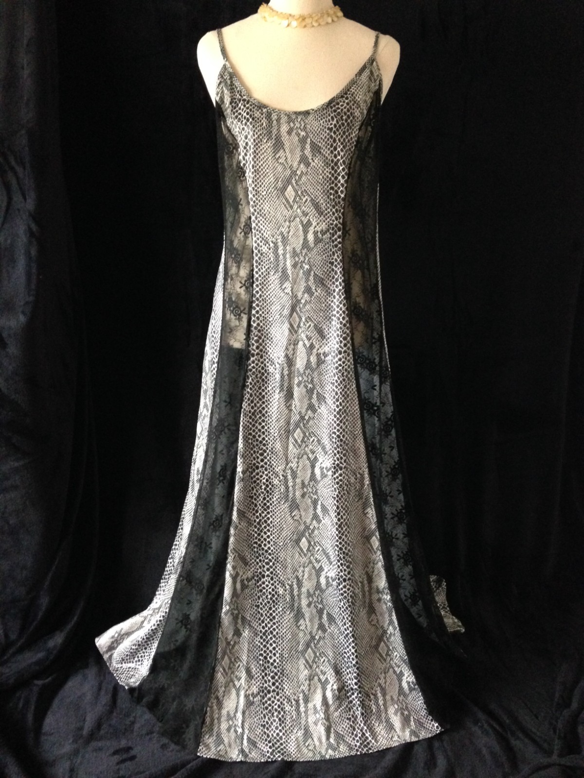 Long Black Snake Print Satin Shoie String Nightgown with Wide Lace Panels