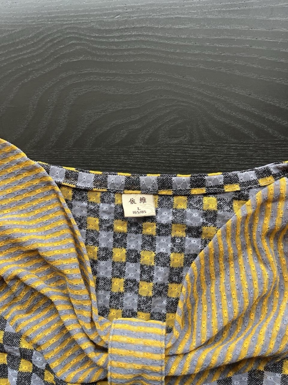 Quirky Vintage Size L Yellow & Black Mixed Pattern Cowl Neck Button Textured Top