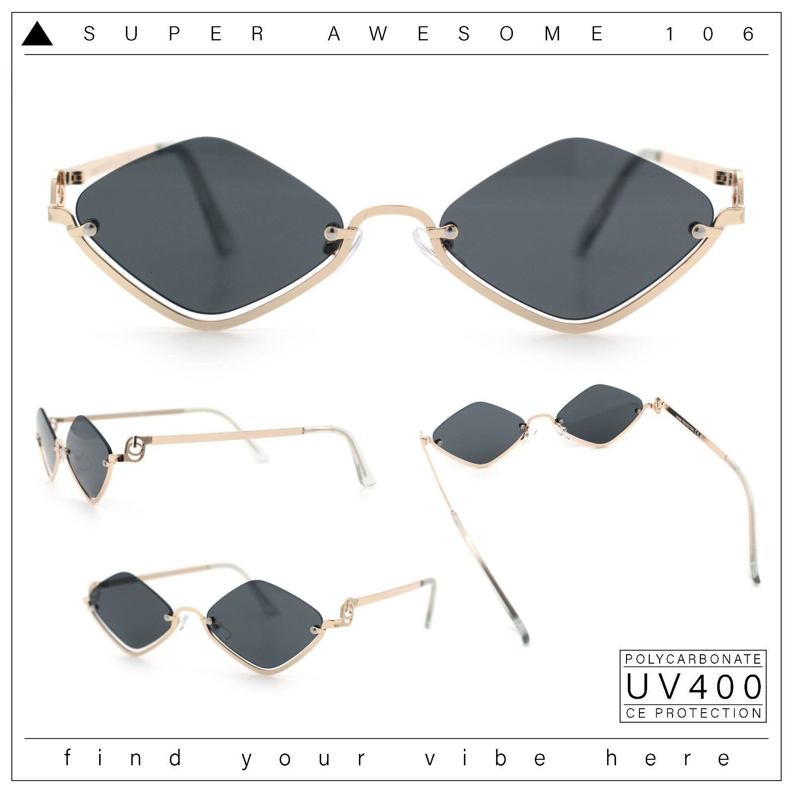 Womens Upside Down Half Rim Diamond Shape Rimless Metal Frame Sunglasses