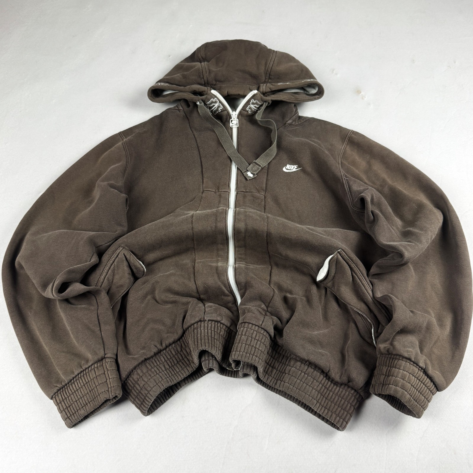 Womens Nike Y2K Full Zip Hoodie Brown Faded Heavyweight Sweatshirt Minimal Sport
