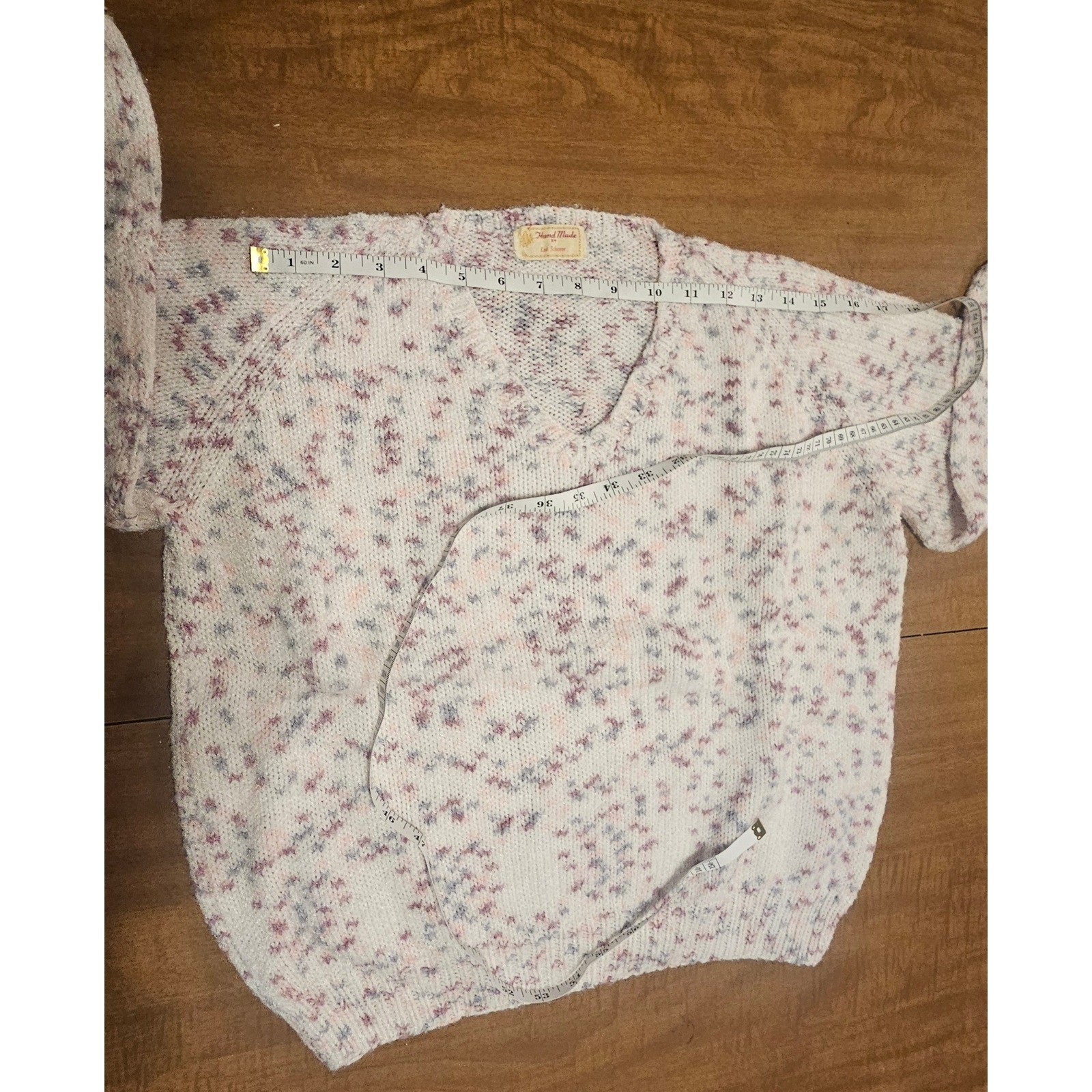 Vntg 80s Homemade Confetti Pastel Flecks V-Neck Knit Sweater M L Puff Sleeves K