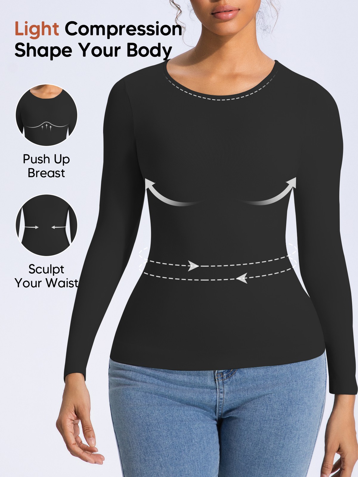 Women’s Long Sleeve Light Compression Shapewear – Seamless Waist Sculpting Top