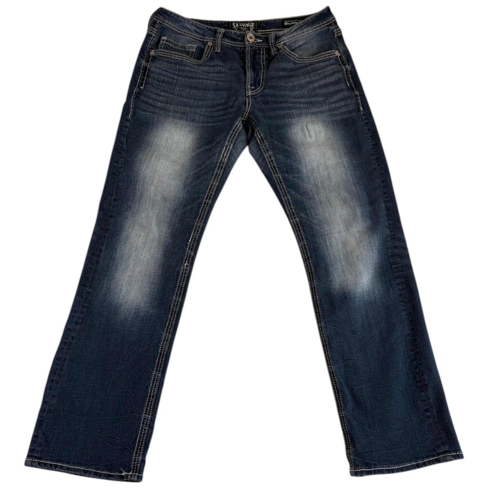 Buckle Salvage Anarchy Straight Relaxed Jeans Mens 32 Large Blue Distressed BKE