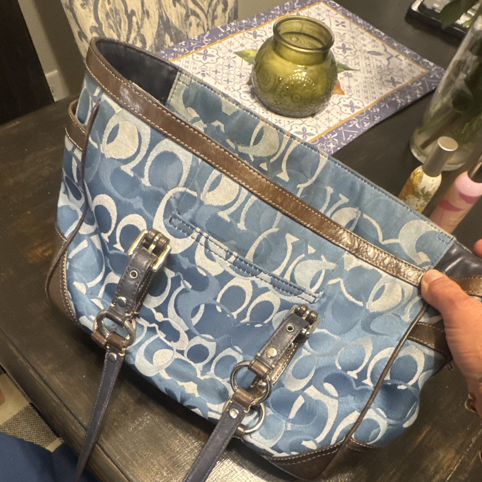 Coach Signature Blue/Brown Medium Tote Shoulder Bag Zip Double Handles Strap