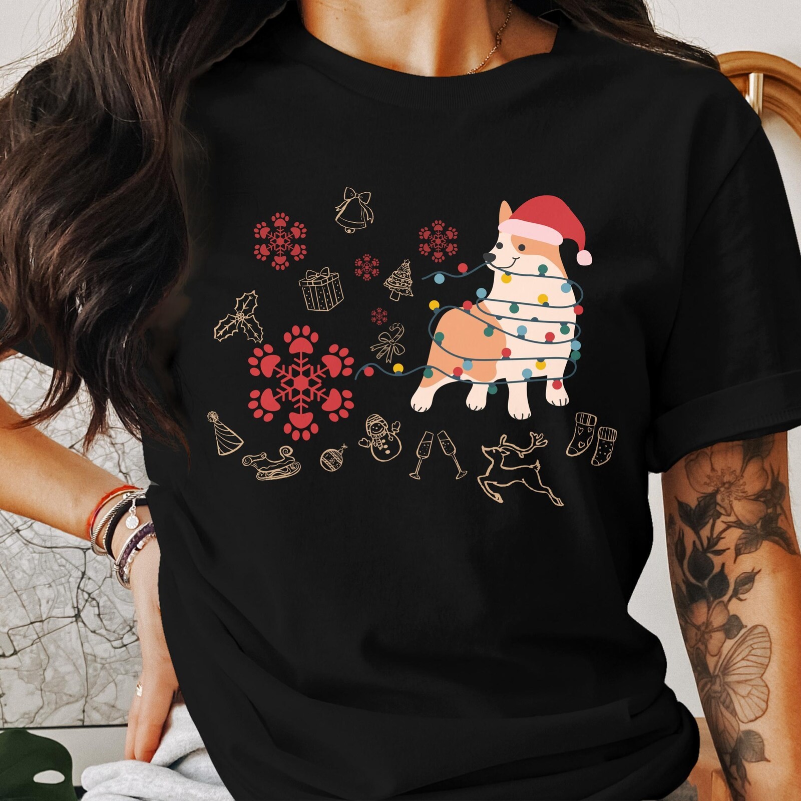 Corgi Christmas Lights T-Shirt, Holiday Dog Bella Canvas 3001, Gildan 18000 Swea