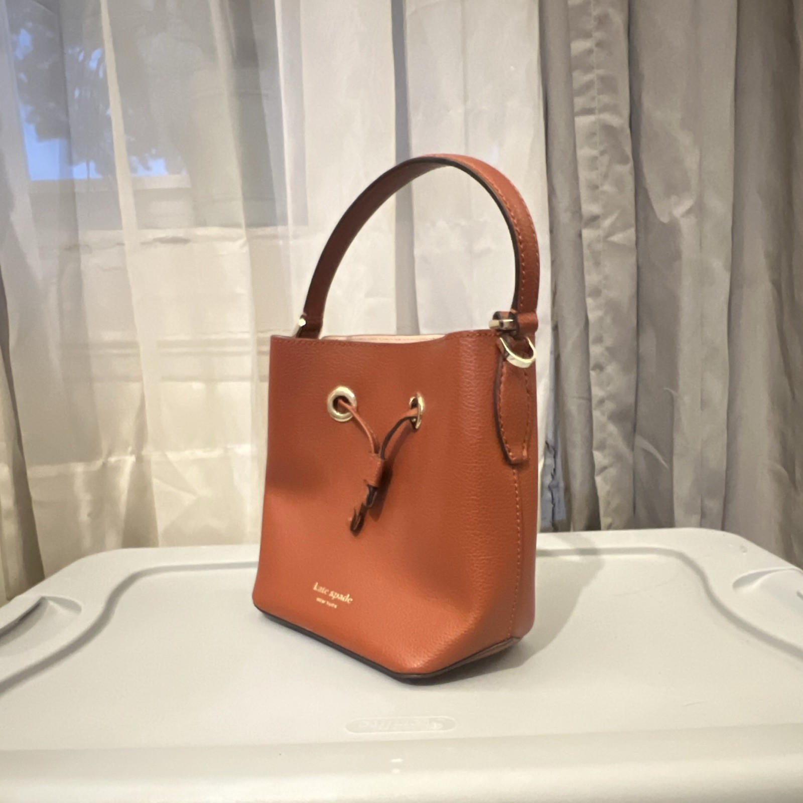 Kate Spade New York Brown Bucket Drawstring Top Handle Bag Gold Hardware Studs