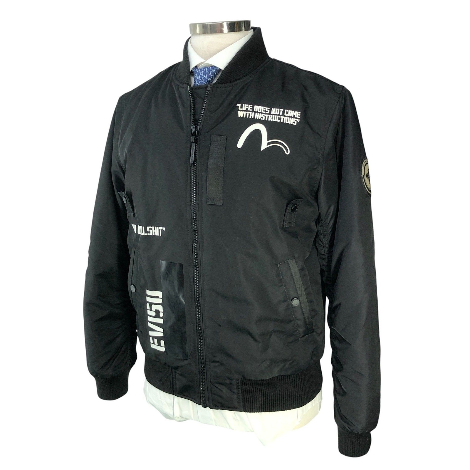 EVISUKURO Flight Jacket Mens M Black Graphic Zip Quilted Liner Streetwear Patch