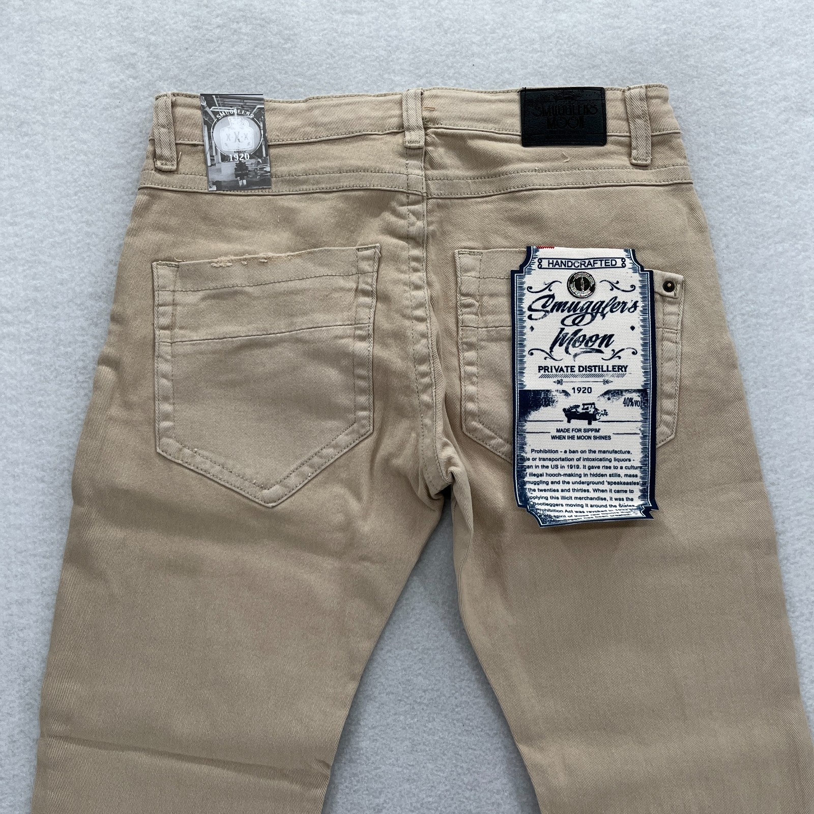 Smugglers Moon Jeans Mens 34×32 Khaki Beige Denim Button Fly Roll Up Distressed