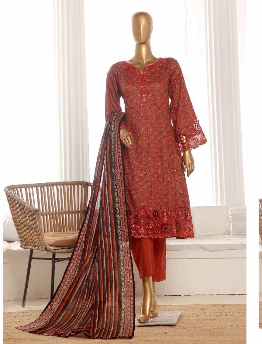 Bin Saeed Lawn Cotton 3 Pc Suit-premium Cut Work Emb- Aline Style-M & L – $44