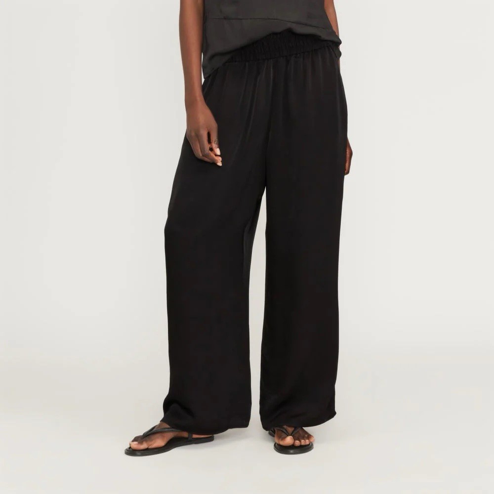Everlane The Satin Pull-On Pant Black Elastic Waist Wide-Leg Pants
