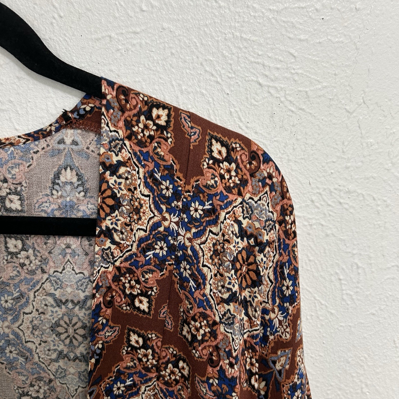 Allison Terracotta Leoni Kimono Wrap Short Sleeve Brown Ikat Floral Sz M/L Boho