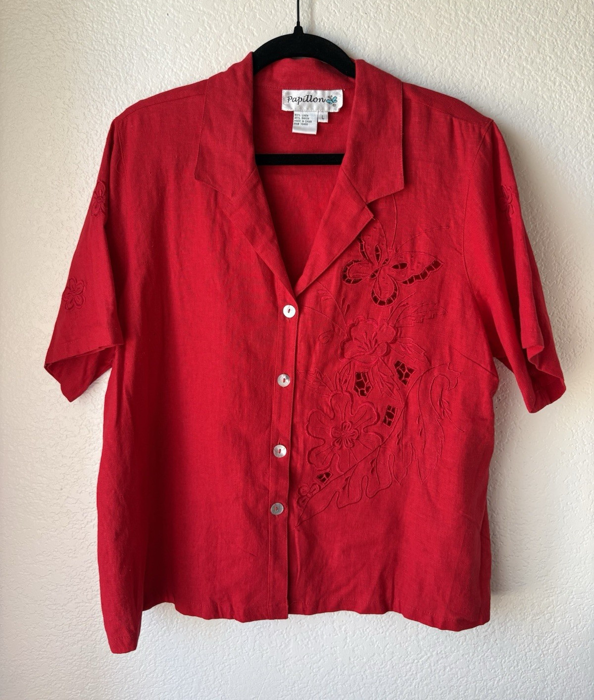 Papillon Red Linen Rayon Short Sleeve Button-Up Blouse Embroidered Butterfly L