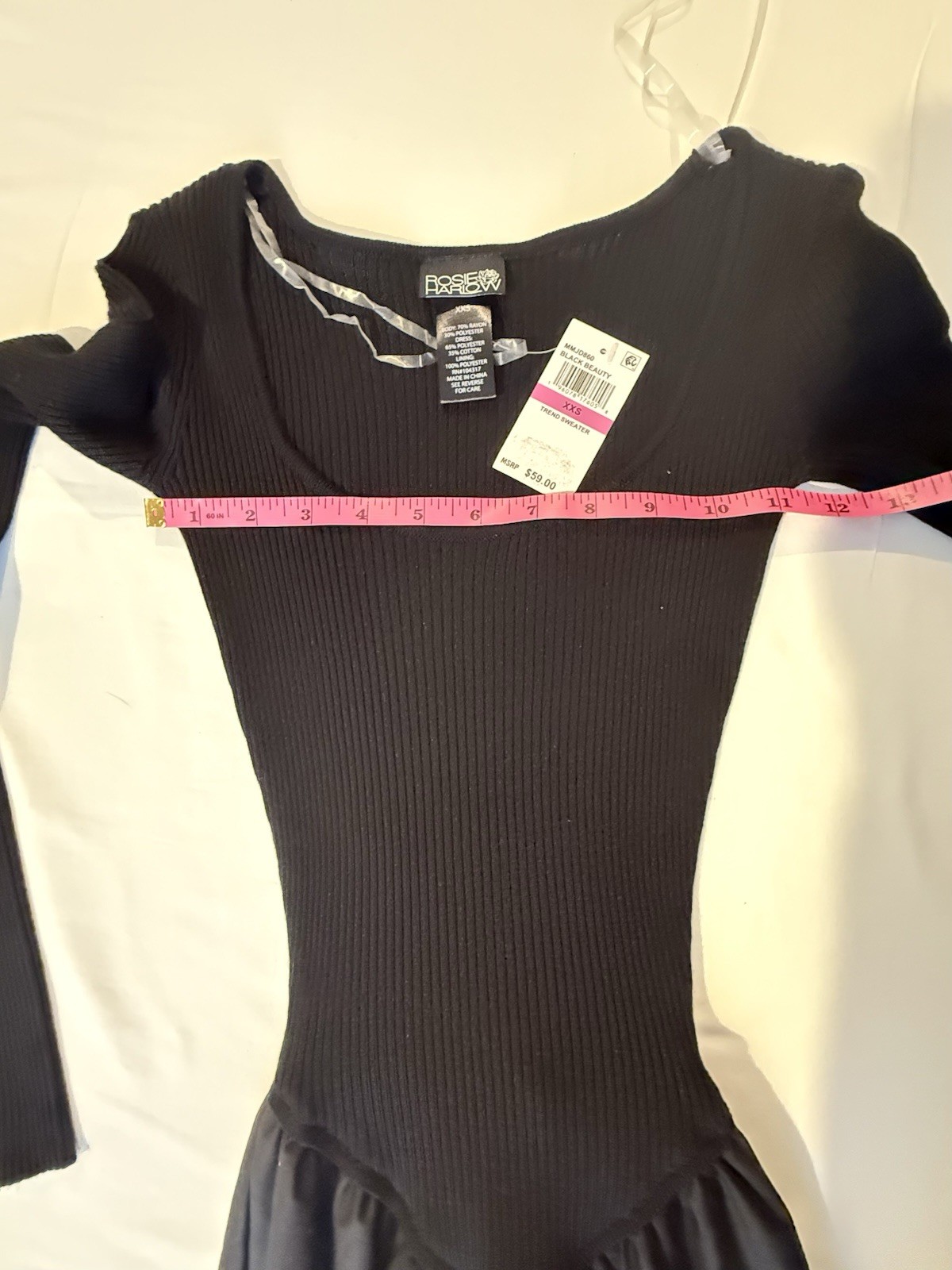 Rosie Harlow Black Ribbed Knit Mini Dress XXS Scoop Neck Long Sleeve Pullover