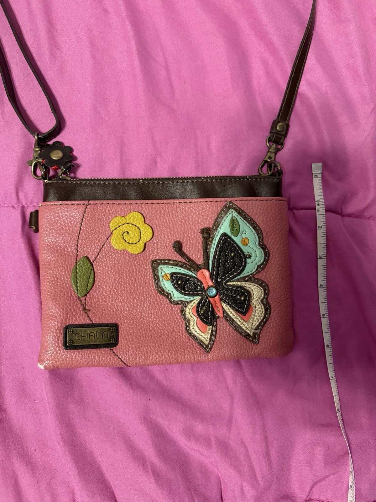 Chala Pink Butterfly Flower Accent Crossbody Bag Brown Strap Bronze Zipper Purse