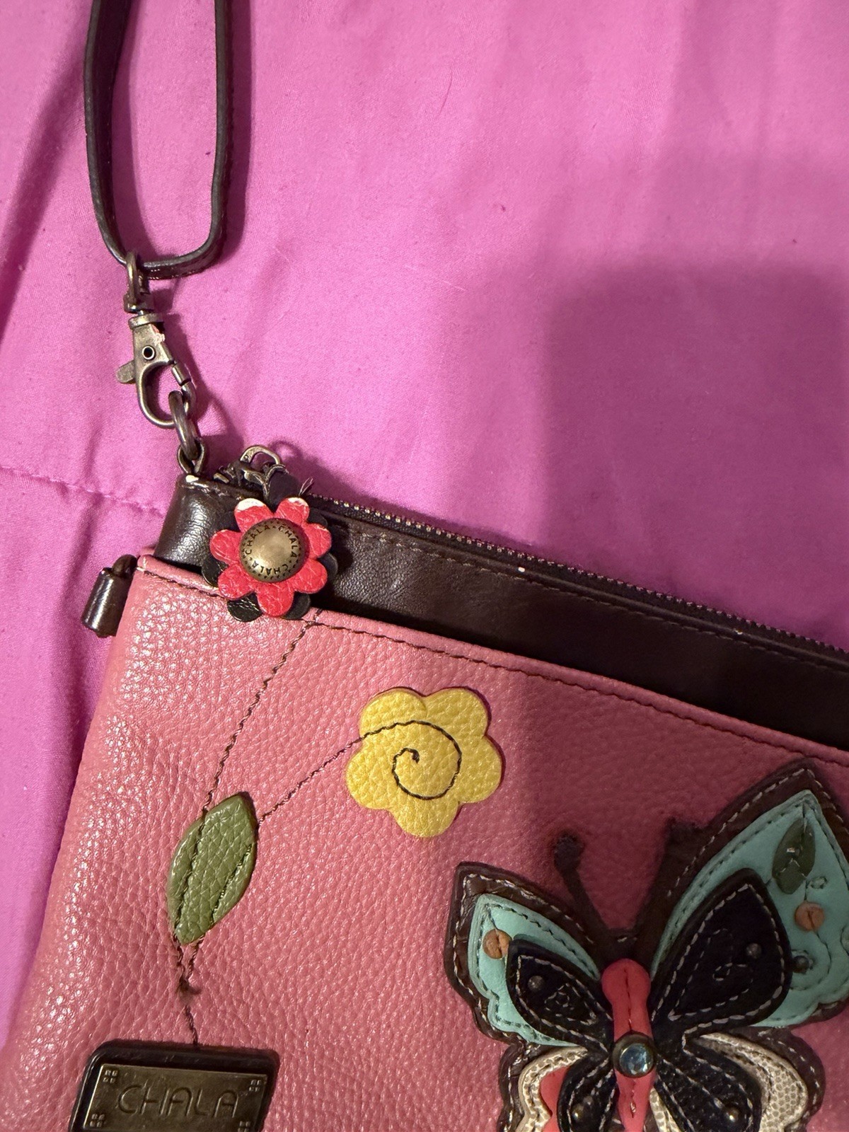 Chala Pink Butterfly Flower Accent Crossbody Bag Brown Strap Bronze Zipper Purse