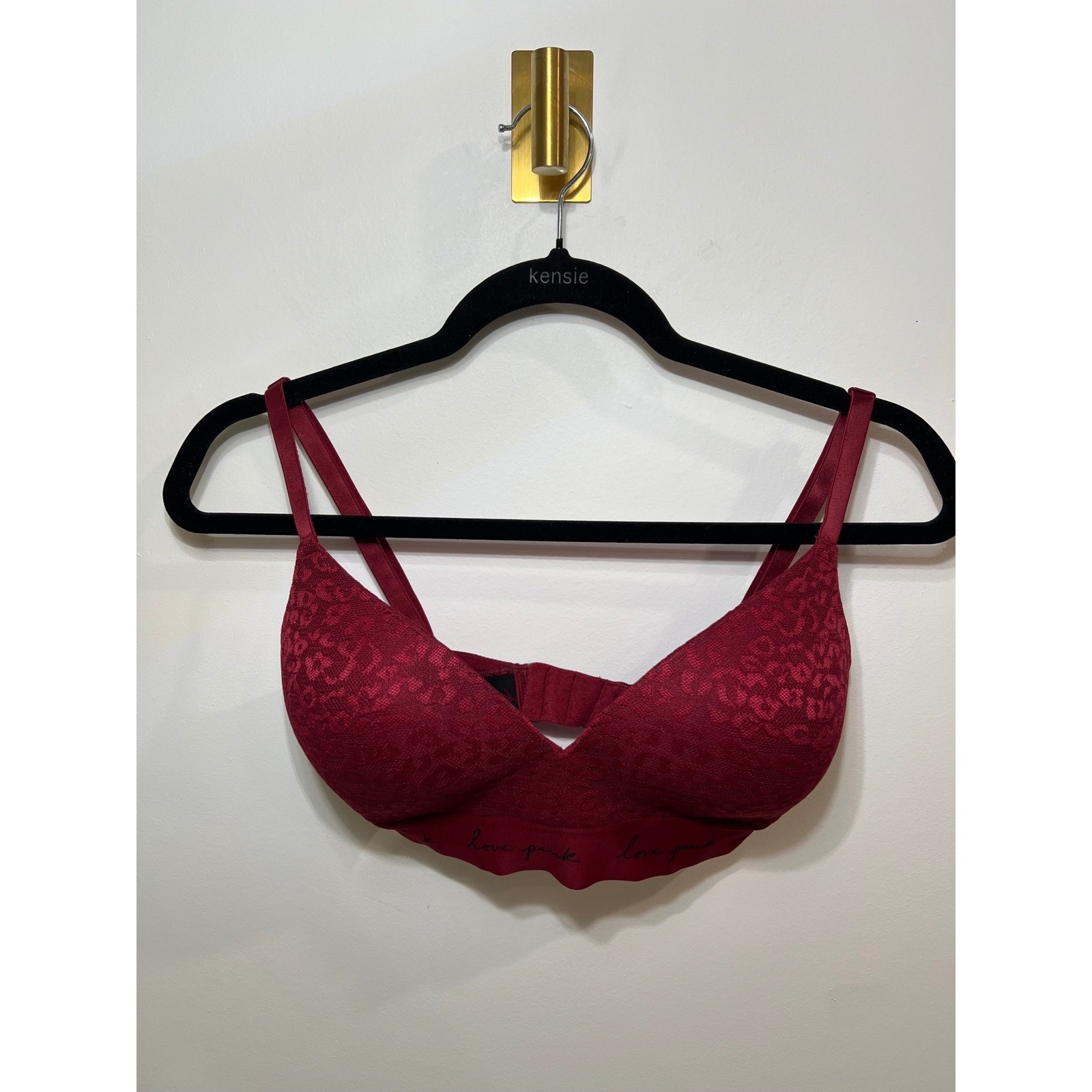 PINK Victoria’s Secret Wireless Bra Leopard Lace Burgundy 32DD Padded Logo Band