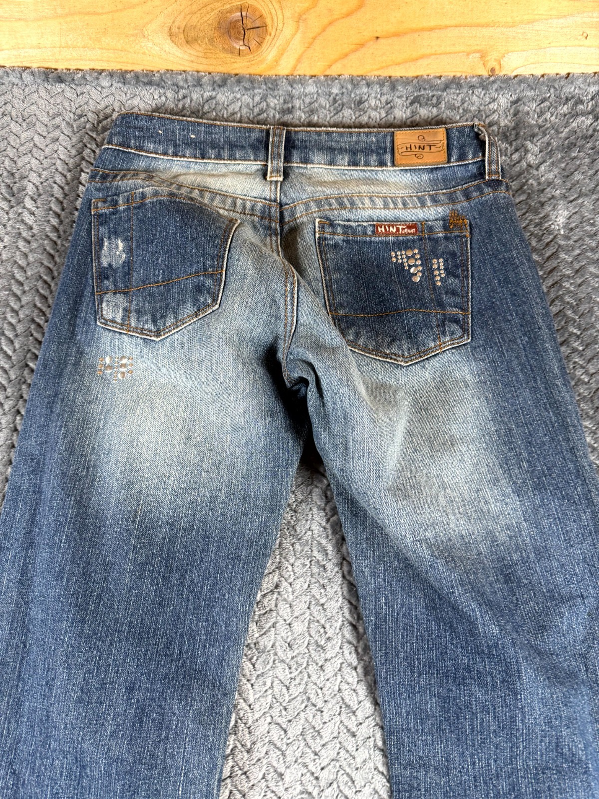 Vintage Hint Flare Jeans Womens 1 Blue Denim Cotton Studded Distressed Mid Rise