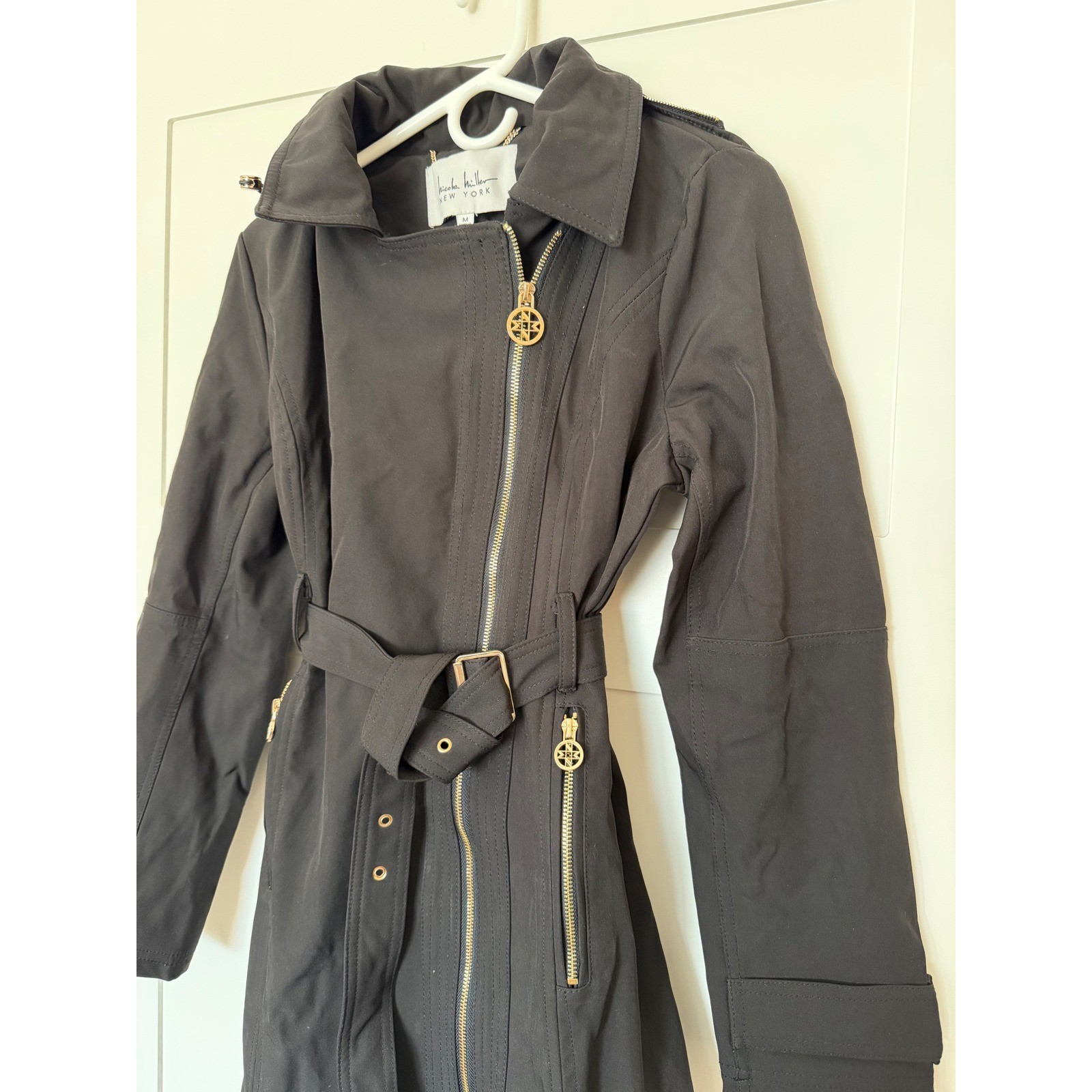 Nicole Miller New York Trench Coat Black Belted Leopard Hood Moto Zip Womens M