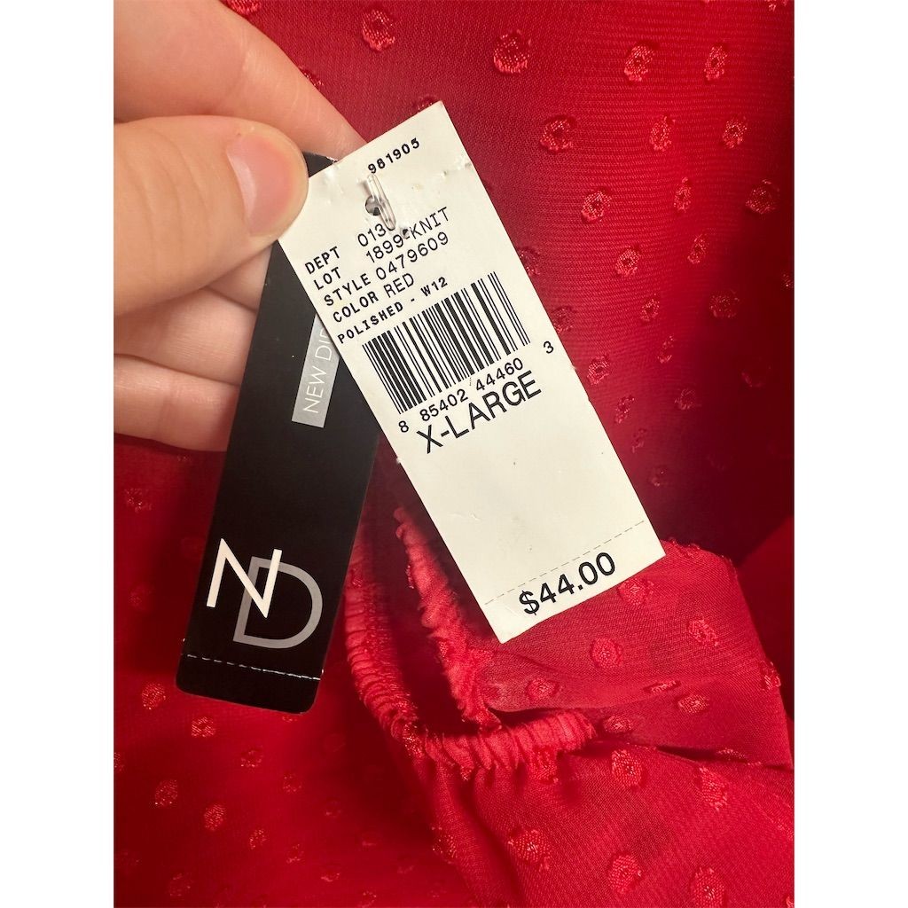 NWT New Directions XL Red Swiss Dot Sheer Sleeve Blouse Top Snagged