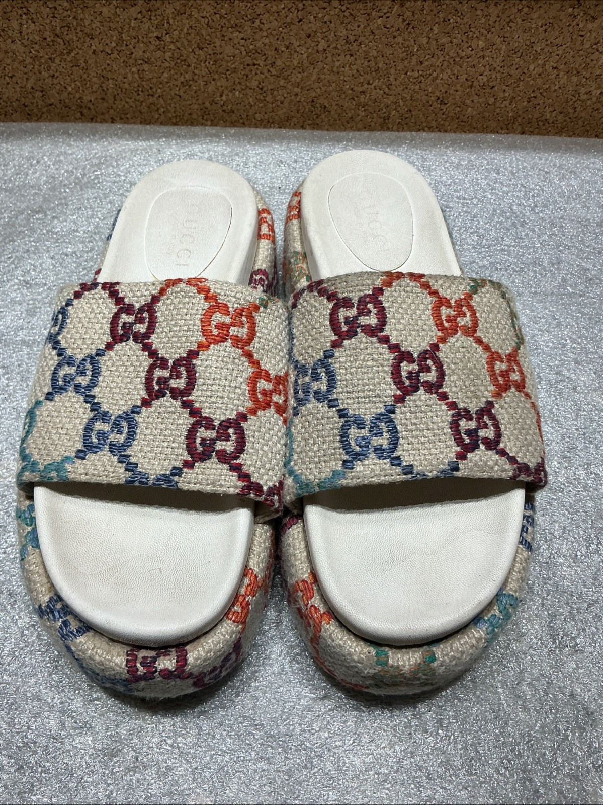 Gucci Angelina Platform Slides Multi Color GG Monogram Size 41-Read Description