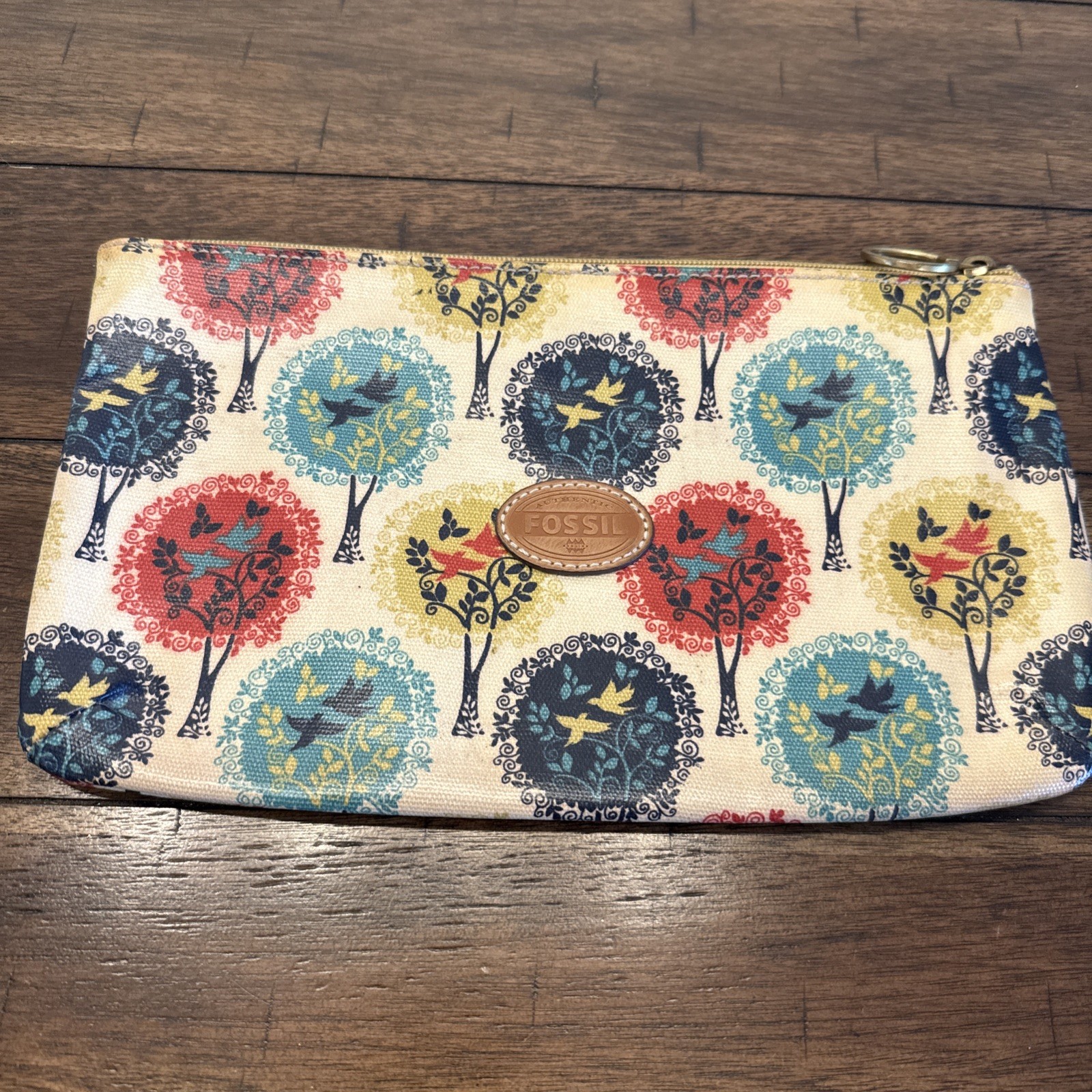 Fossil Coated Canvas Zippered Cosmetic Pouch with Tree and Bird Print